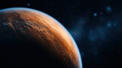 Naklejka premium Close up of a vibrant alien planet with a textured orange surface and delicate blue atmospheric glow.