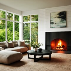 Naklejka premium Modern Living Room With Large Windows and a Cozy Fireplace in a Green Natural Setting