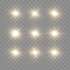 A set of golden light effects, laser lines, horizontal glow, flares, and stars. EPS 10 vector illustration. © Alesya