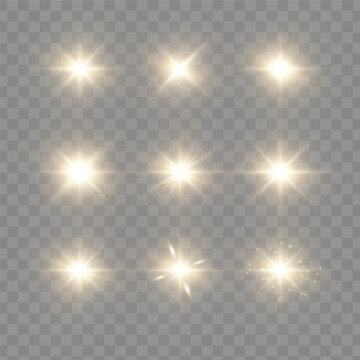 A set of golden light effects, laser lines, horizontal glow, flares, and stars. EPS 10 vector illustration.