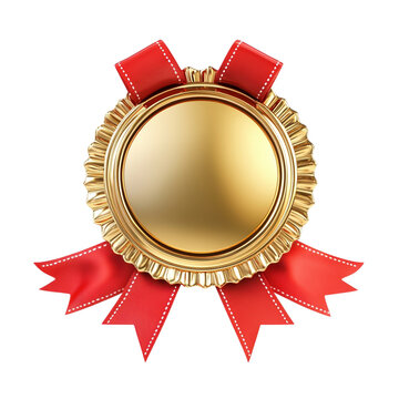 Golden award medal with red ribbon, shiny prize badge and winner rosette, achievement trophy emblem for success concept isolated on Transparent Background