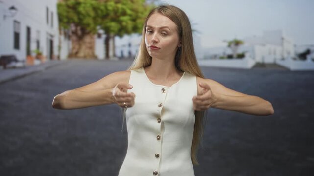 Woman pointing both index fingers down on street, wearing white button dress with outstretched hands and direct stare; dismissal instruction.