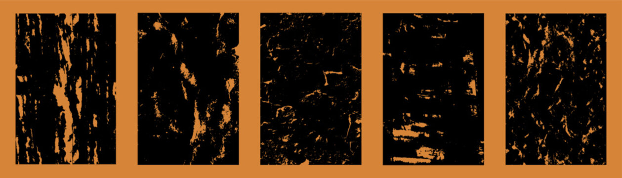 Five heavily distressed and scratched grunge textures on orange background