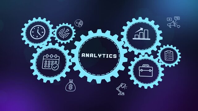 Data analytics and business intelligence concept showing neon blue gears with symbols for charts, statistics, and financial research.