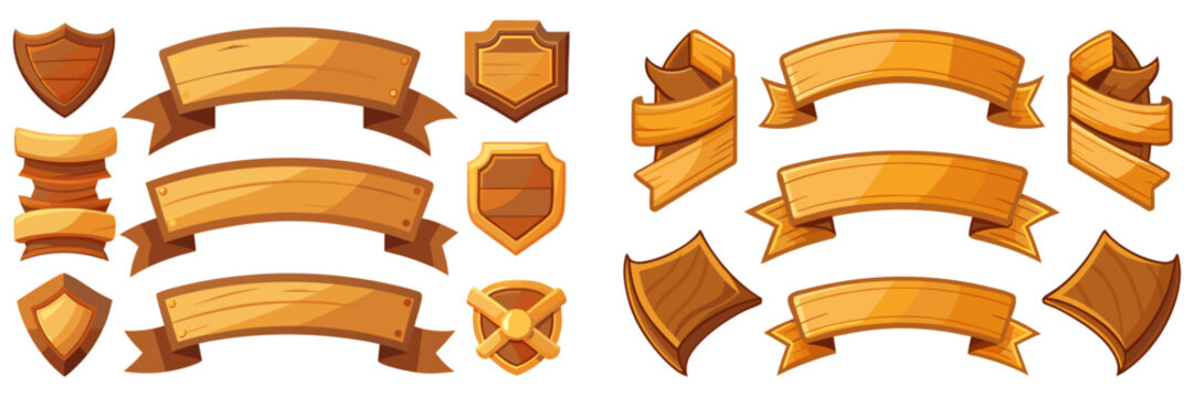 A collection of medieval fantasy wooden scroll banners and shield interface assets with warm, glossy timber textures for game UI design.