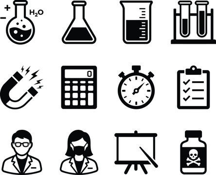 Science and Laboratory Icon Set - Chemistry Research, STEM Education, and Lab Equipment Vector Symbols
