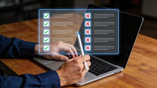 Business checklist evaluation on laptop screen with green checkmarks and red crosses, task completion status report, performance review assessment tool for productivity and