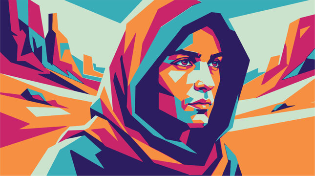 Woman Wearing a Colorful Hooded Scarf.
