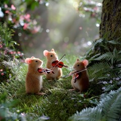 Obraz premium Mice Play Violins in a Forest Setting During a Sunny Afternoon Among Flowers and Trees