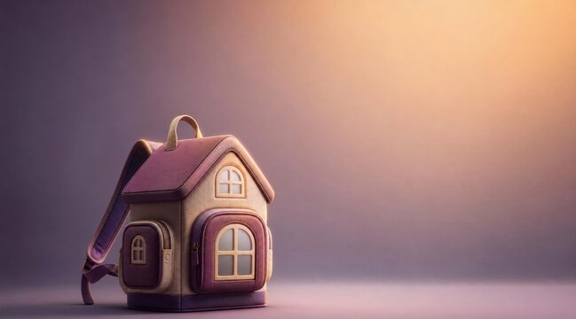 Whimsical house shaped backpack on a soft gradient background with warm light from the side