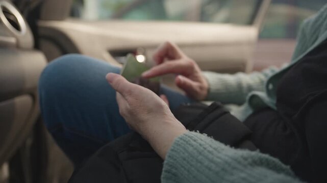 Passenger seated in a car types on a smartphone touchscreen, browsing maps and apps. 4K.