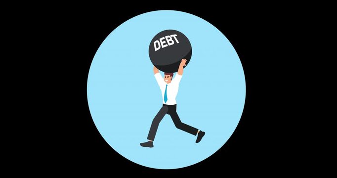Animated businessman struggling to carry heavy debt ball on shoulders. Perfect for financial burden, loan pressure, debt relief, bankruptcy, finance videos.