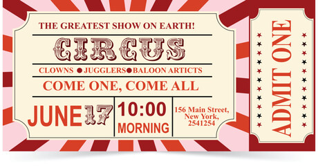 Vintage Circus Ticket Template with Retro Carnival Typography, Admit One Pass, Festival Entry Coupon, Classic Show Invitation Vector Design © crazy