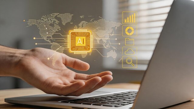 Global artificial intelligence technology chip connecting world map data, cloud computing and analytics icons over laptop background for business innovation