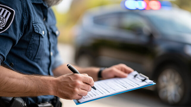 Close-up of police officer hands reviewing documents during a traffic stop beside a parked car, traffic enforcement concept, traffic stop photography, officer and driver