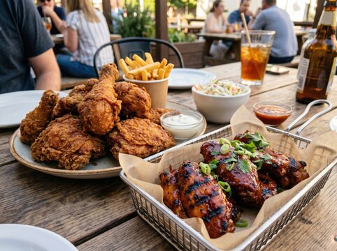 Grilled and Broasted Chicken Platters with Restaurant Background