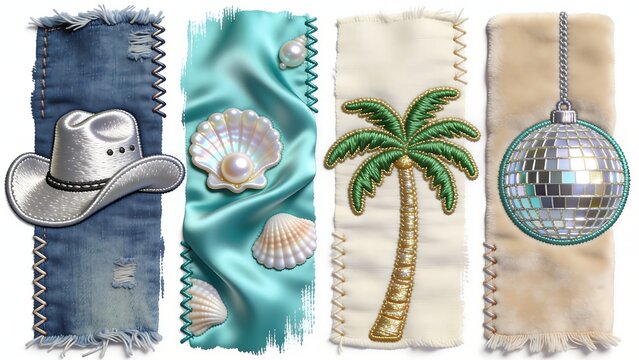 Embroidered fabric pieces: 'Denim' embroidered with a cowboy hat design, silk inlaid with pearls, canvas embroidered with palm trees, and 'Leather' embroidered with a disco ball design.