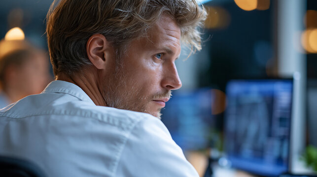 Rear view of a focused detective reviewing crime scene profiles on a computer screen in a dim office, digital forensics concept, crime profile photography, arson analysis and case