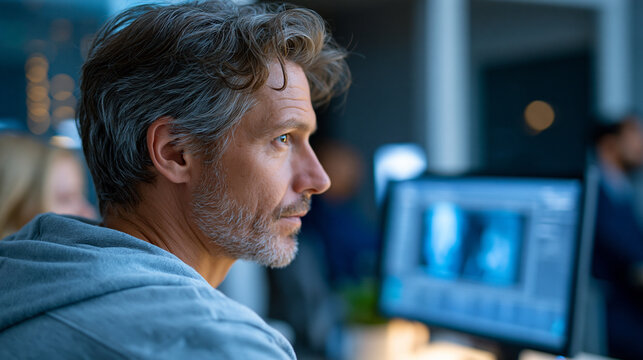 Rear view of a focused detective reviewing crime scene profiles on a computer screen in a dim office, digital forensics concept, crime profile photography, arson analysis and case