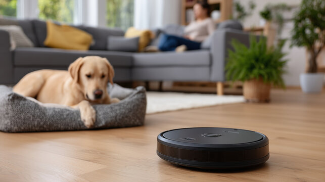 Realistic commercial stock photo, low-angle interior shot of a robot vacuum cleaner moving across a clean floor in a bright modern living room, robotic vacuum in the foreground, pe