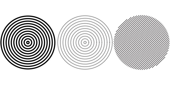 Black concentric circle set. Sonar or sound wave ring collection. Dotted and linear epicentre, target, radar icon concept. Ripple radial signal or vibration elements. Vector line and halftone symbols