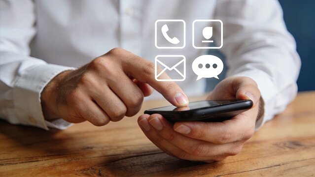 Customer service representative using smartphone with contact icons overlay, business communication support via phone call email chat message, helpdesk assistance and client