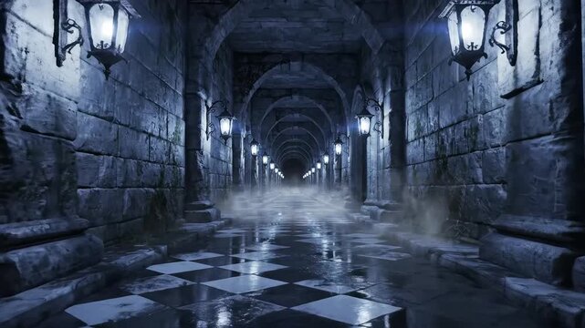 Stone corridor with checkered floor for immersive visual experiences and creative projects