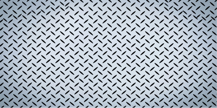 A seamless metallic gray steel plate features an industrial diamond grid pattern on a textured silver aluminum sheet material for a modern construction wall or floor background
