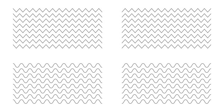 Wavy lines pattern vector element, wave ripple thin line strokes simple zigzag texture set, stream zig zag background backdrop image clip graphic illustration