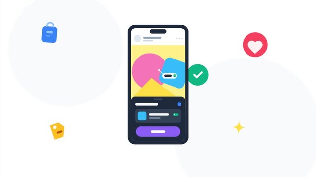 Animated smartphone displays digital content with lock and checkmark icons representing secure social media sharing and privacy protection in a modern flat design illustration.