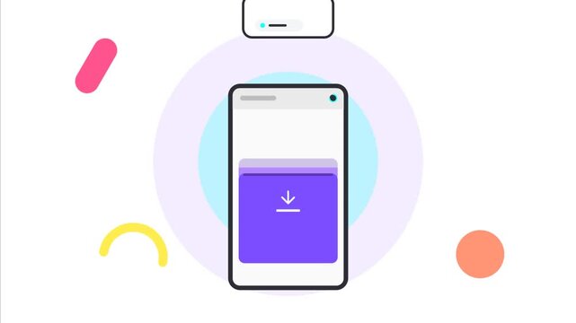 Animated smartphone displaying data transfer, download, or upload with a purple progress bar and abstract geometric shapes on a white background.