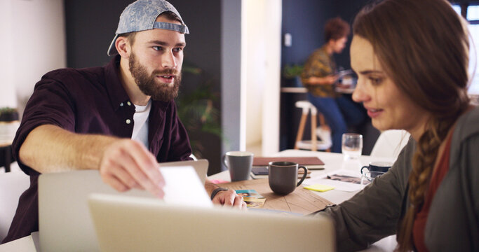 Discussion, meeting or man with paper in creative agency, online magazine production or story review. Talking, people and editor with laptop for arrangement planning, feature format idea and teamwork
