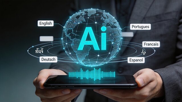Artificial intelligence translation technology connecting global languages on smartphone, AI communication concept for international business and cross-cultural interaction