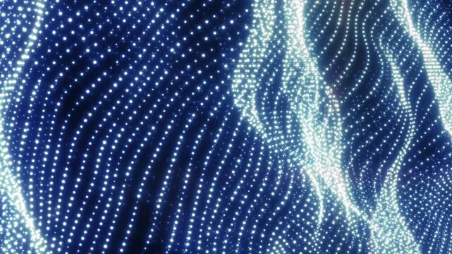 Blue abstract data landscape with glowing particle waves, digital dots