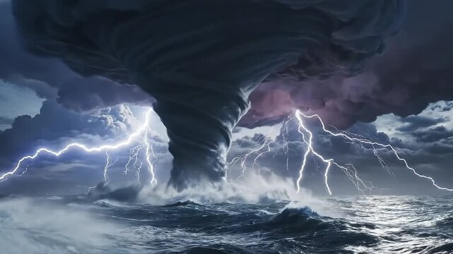 Tornado over ocean with lightning emphasizing environmental sustainability and eco-tourism