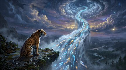 Obraz premium Majestic tiger sitting near glowing waterfall in mystical jungle fantasy night scene