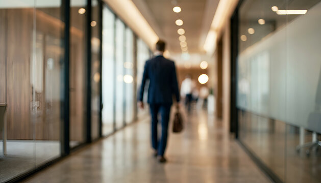 A businessman in a suit walks through a modern office hallway, carrying a briefcase. The setting features glass partitions and contemporary lighting.