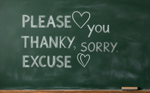 Chalkboard displays polite phrases with hearts emphasizing apologies