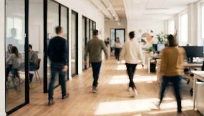 A group of people walking through a modern office corridor with glass partitions, showcasing a collaborative work environment and natural light. © Vhagar