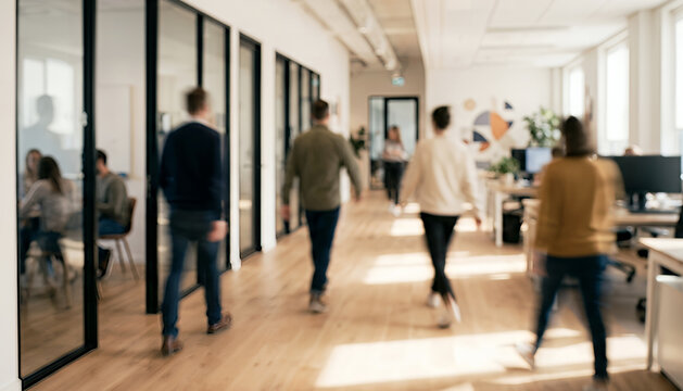 A group of people walking through a modern office corridor with glass partitions, showcasing a collaborative work environment and natural light.
