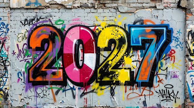 Dynamic graffiti mural displaying the year 2027 in bright energetic spray paint colors on a distressed brick and plaster wall.