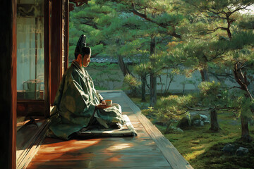 Obraz premium Japanese nobleman in Heian era costume sitting on a veranda