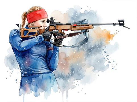 Watercolor painting depicts a focused biathlete aiming with a rifle, set against a splashy abstract background.