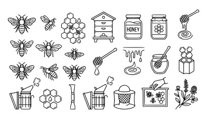 Modern Bee and Honey Line Art Vector Set with Beehive and Beekeeping Symbols © Sabbir