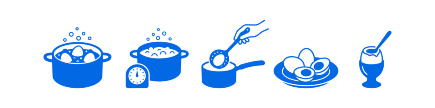 Step-by-step infographic showing the process of boiling eggs, from cooking in a pot to serving in an egg cup. Blue flat vector icons for culinary guides and kitchen recipes.