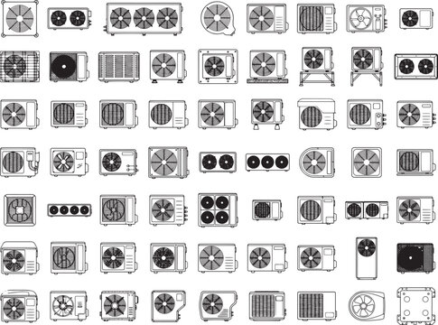 A comprehensive and detailed overview of many types of air conditioning units, showcasing an assortment of designs, offering a useful visual representation of cooling technology.