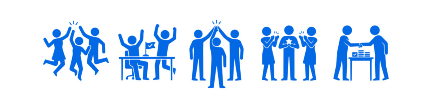 Set of blue stick figure icons illustrating business success, teamwork, celebration, and achievement. Minimalist vector set for professional corporate concepts, winning goals, and milestones.