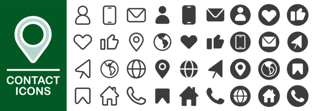 Contact icon set with phone, mail, location, and social media symbols on transparent background. Clean and simple vector for communication.