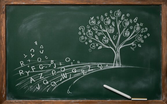 Chalkboard art: tree with apples flowing letters chalk stick beside