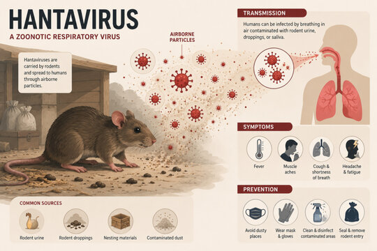 The image  is a comprehensive medical infographic about Hantavirus, a zoonotic respiratory virus. It illustrates how the virus spreads from rodents to humans via airborne particles fro